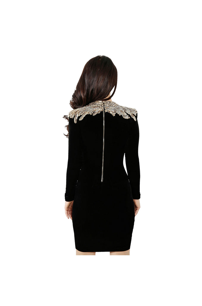 green emerald velvet dress Black Silk Velvet Crystal Embellished Gold Wing Mini Dress