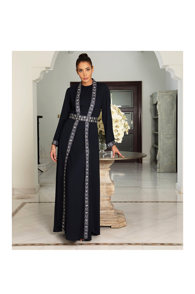 Navy Blue Long Belted Kaftan Dress with Embroidery and Embellishments