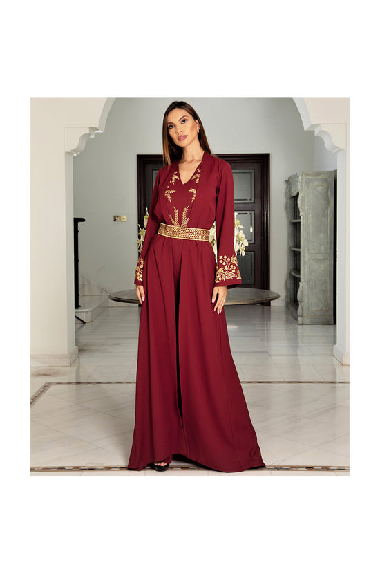 LAMACE Red Cape Jumpsuit with Gold Embroidery and Embellishments