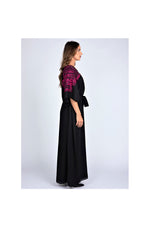 LAMACE Long Black Kaftan with Pink and Black Square Embroidery
