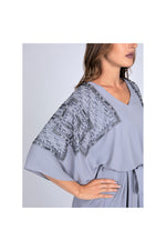 LAMACE Grey Kaftan Dress with Grey Square Embroidery and Crystals