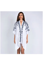 LAMACE White Kaftan with Blue Floral Embroidery