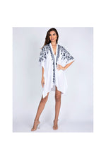 LAMACE White Kaftan with Blue Floral Embroidery