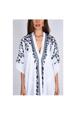 LAMACE White Kaftan with Blue Floral Embroidery
