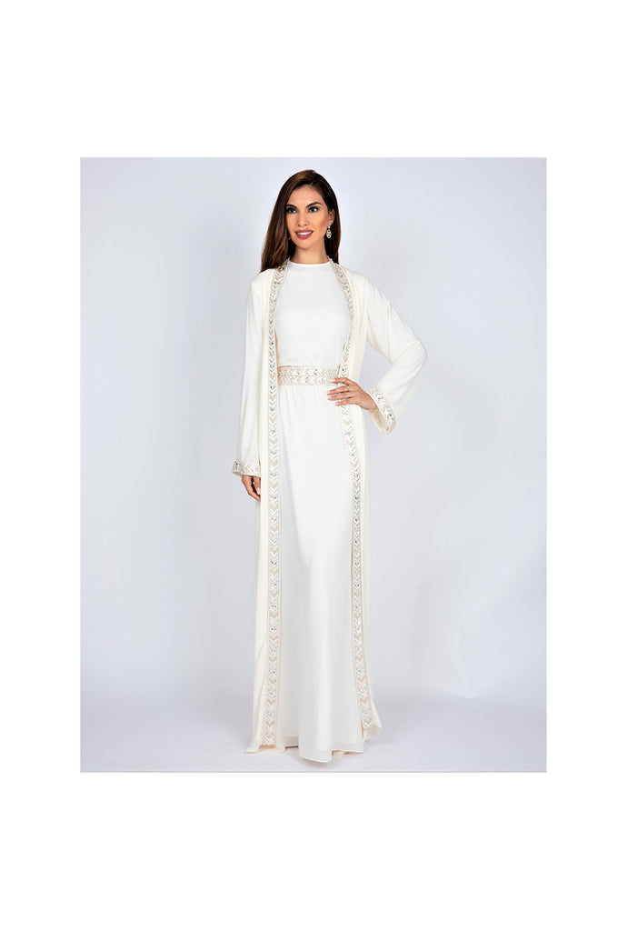 Off White Long Kaftan with Crystal Embellishments