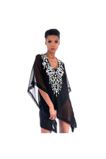 LAMACE Black Kaftan with Silver sequin, crystal and bead floral embellishment