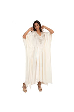Long Cream Kaftan with Silver Floral Embroidery and Crystals