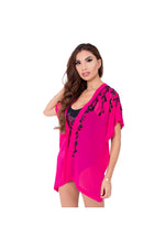 LAMACE Pink Beach Kaftan with Black Sequin and Bead Floral Embellishment