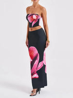 Black and Pink Floral Skirt and Top Set