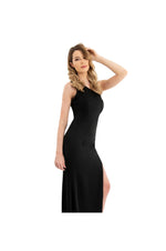 LAMACE Black Crepe Gown with Silver Crystal Embellishments