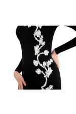 LAMACE Black Silk Jersey Midi Dress with White Floral Embellishment 
