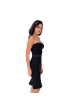 Black Strapless Bodycon Midi Dress with Black and Silver Bead and Sequin Embellishments