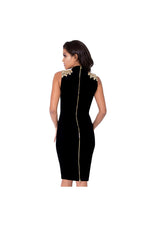 LAMACE Black Silk Velvet Midi Dress with Gold Embellishments 