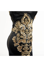LAMACE Black Satin Gold Lace Embellished Midi Dress