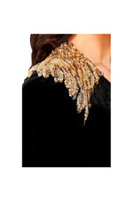 LAMACE Black Silk Velvet Mini Dress with Gold Crystal and Bead Embellished Shoulders