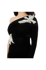 LAMACE Black Silk Jersey Mini Dress with Silver Crystal and Bead Bird Embellishments