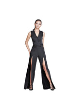 LAMACE Black Crepe Jumpsuit with Crystal Embellishment 