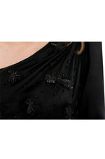 LAMACE Black Silk Satin Mini Dress with Bead and Crystal Embellishments 