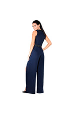 LAMACE Blue Crepe Jumpsuit with Crystal Beading 