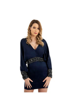 LAMACE Blue Silk Satin Mini Dress with Waist and Cuff Embellishments
