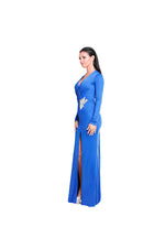 LAMACE Blue Silk Jersey Evening Gown with Crystal Bird Embellishment 