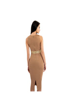 LAMACE Brown Silk Jersey Midi Dress with Gold Crystal and Bead Belt Embellishment 