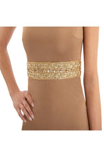 LAMACE Brown Silk Jersey Midi Dress with Gold Crystal and Bead Belt Embellishment 