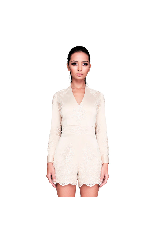 LAMACE Gold Satin and Lace Playsuit 