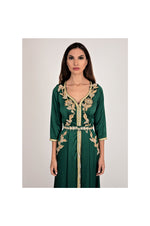 LAMACE Green Satin Arabic Kaftan Gown with Gold Embroidery and Embellishments 