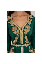 LAMACE Green Satin Arabic Kaftan Gown with Gold Embroidery and Embellishments 
