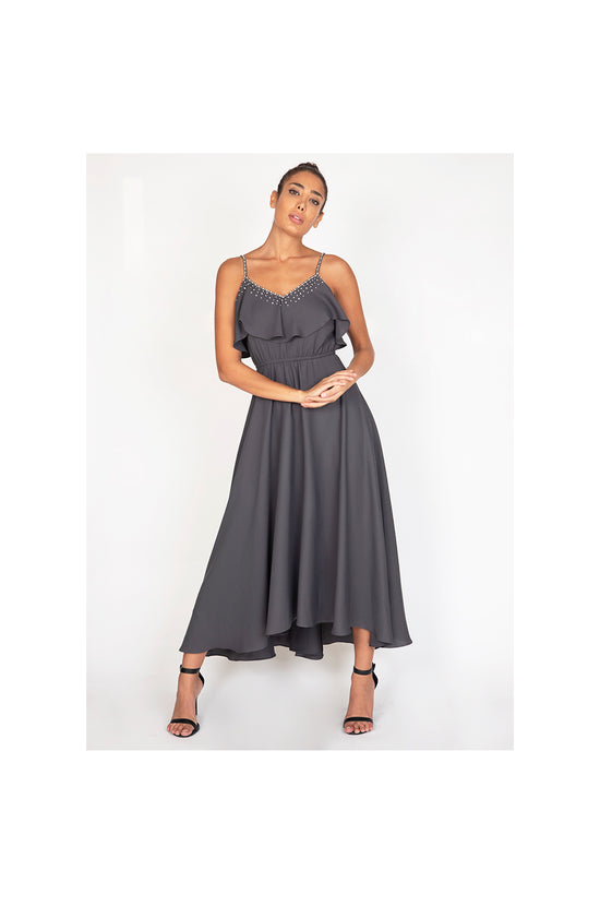 Grey Mid Length Day Dress with Crystal Neckline Grey Mid Length Day Dress with Crystal Neckline