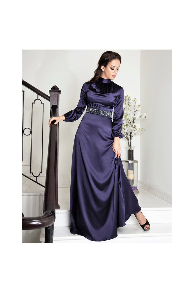 LAMACE Blue Silk Satin Crystal Embellished Gown 