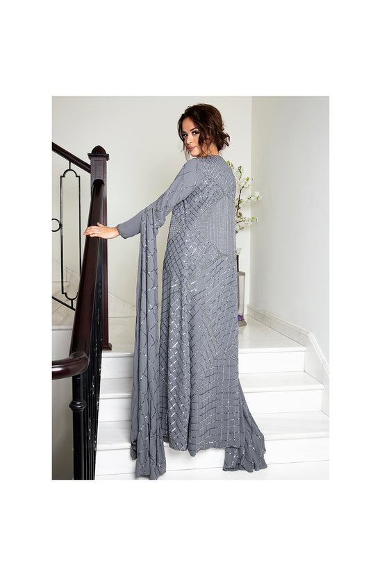 LAMACE Grey Fully Embellished Crepe Cape Gown