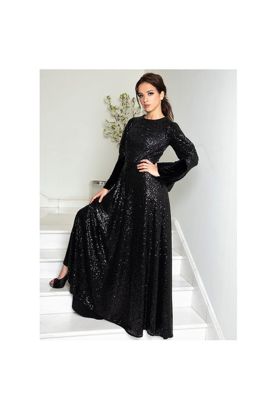 LAMACE Black Sequin Gown with Silk Velvet Sleeves 