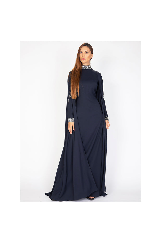 LAMACE Blue Cape Dress with Embellished Cuffs and Neckline