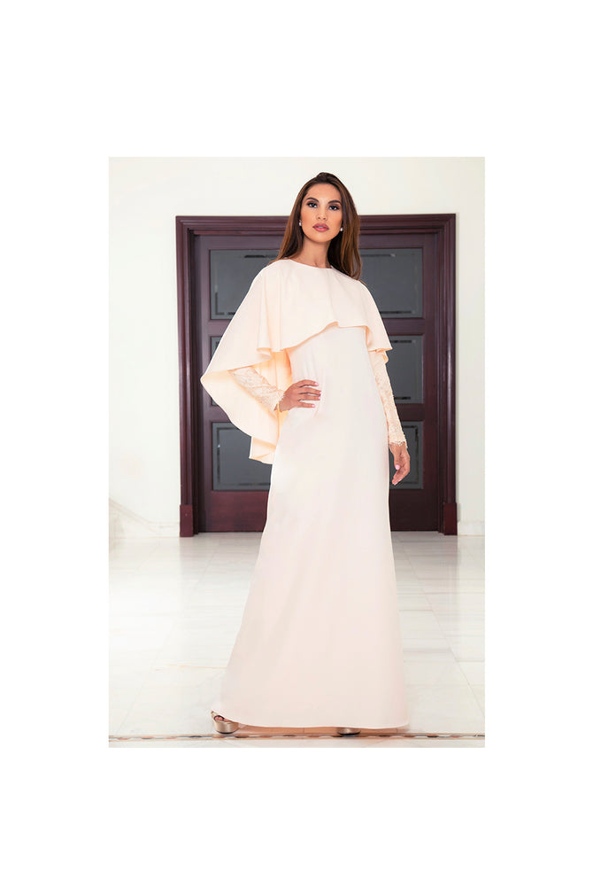 LAMACE Peach Cape Gown with Lace Crystal Embellished Sleeves