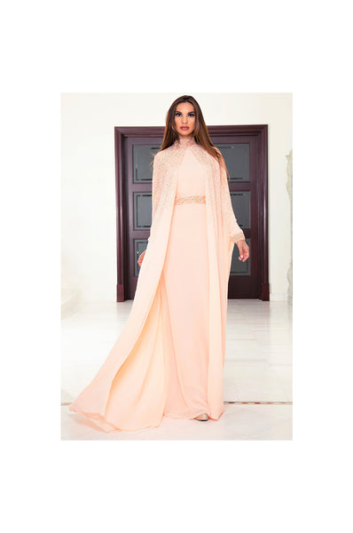 Peach Sequin and Bead Embellished Cape Dress
