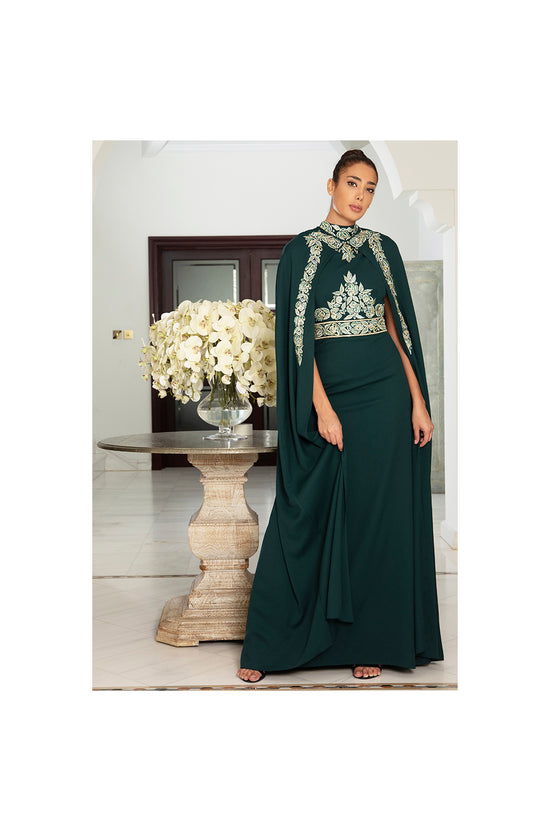 LAMACE Green Cape Dress with Embroidery and Embellishments