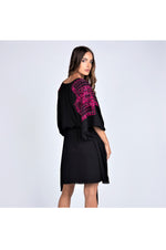 LAMACE Black Kaftan Dress with Pink Square Embroidery and Crystals