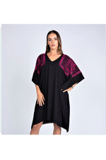 LAMACE Black Kaftan Dress with Pink Square Embroidery and Crystals