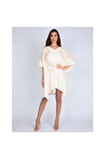 LAMACE Cream Kaftan Dress with Peach Square Design Embroidery with Cystals