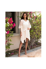 LAMACE Cream Kaftan Dress with Peach Square Design Embroidery with Cystals