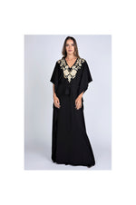 LAMACE Long Black Kaftan with Gold Floral Embroidery