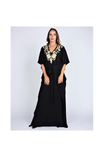 LAMACE Long Black Kaftan with Gold Floral Embroidery