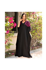 LAMACE Long Black Kaftan with Pink and Black Square Embroidery