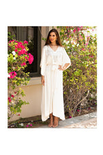 LAMACE Long Cream Kaftan with Silver Embroidery and Crystals