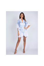 LAMACE White Kaftan with Blue Floral Embroidery