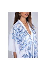 LAMACE White Kaftan with Blue Floral Embroidery