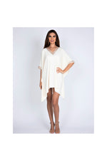 LAMACE Cream Kaftan Dress with Peach and Silver Cystal and Bead Neckline and Sleeve