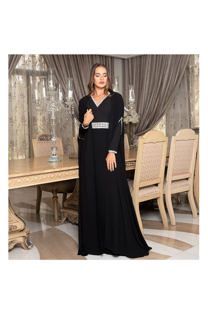 LAMACE Black Dress with Cape and Embellishments